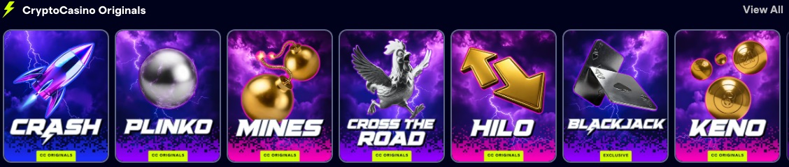 CryptoCasino.com Originals: Crash, Plinko, Mines, Cross the Road, HiLo, Blackjack and Keno
