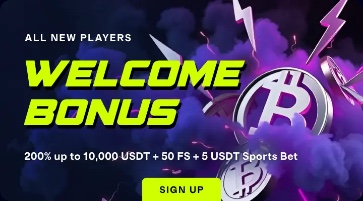 CryptoCasino.com welcome bonus banner: 200% up to 10,000 USDT, 50 free spins and a 5 USDT sports bet